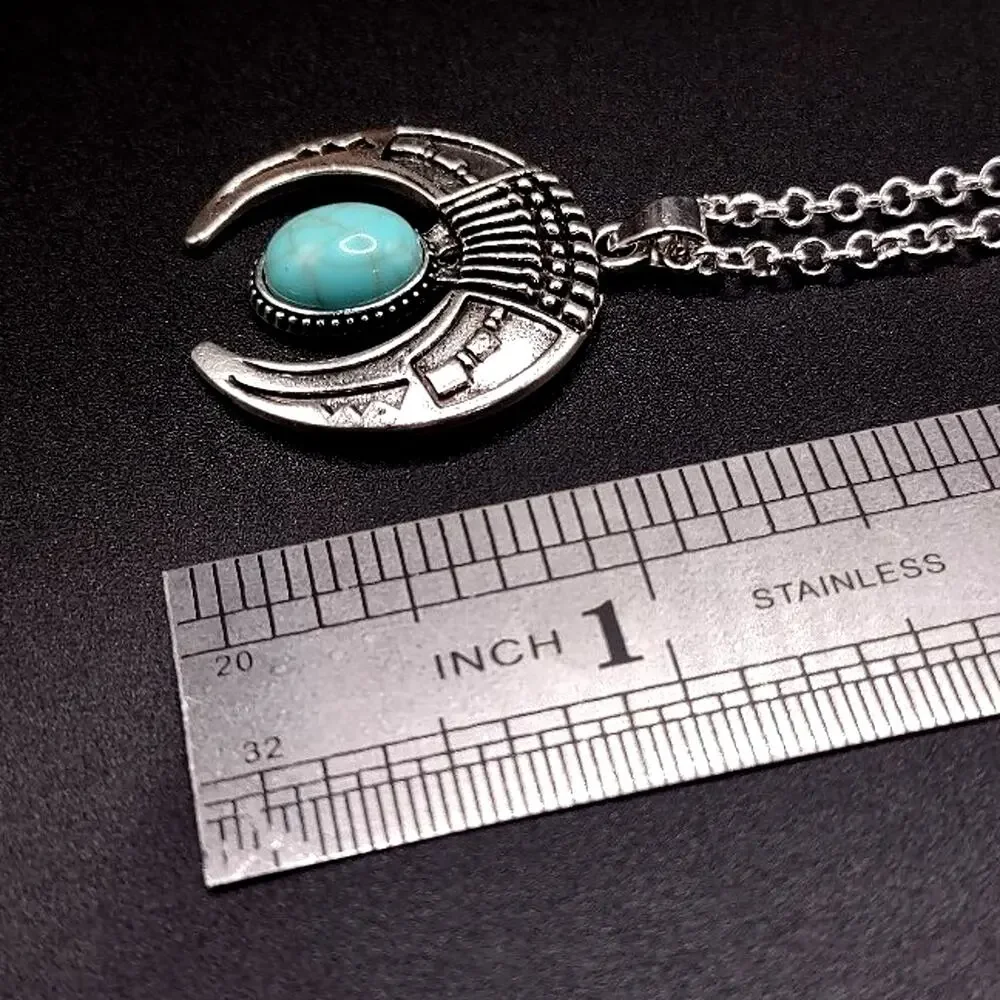925 Silver Necklace w/ Turquoise Crescent Moon Pendant Women's Vintage Boho Gift